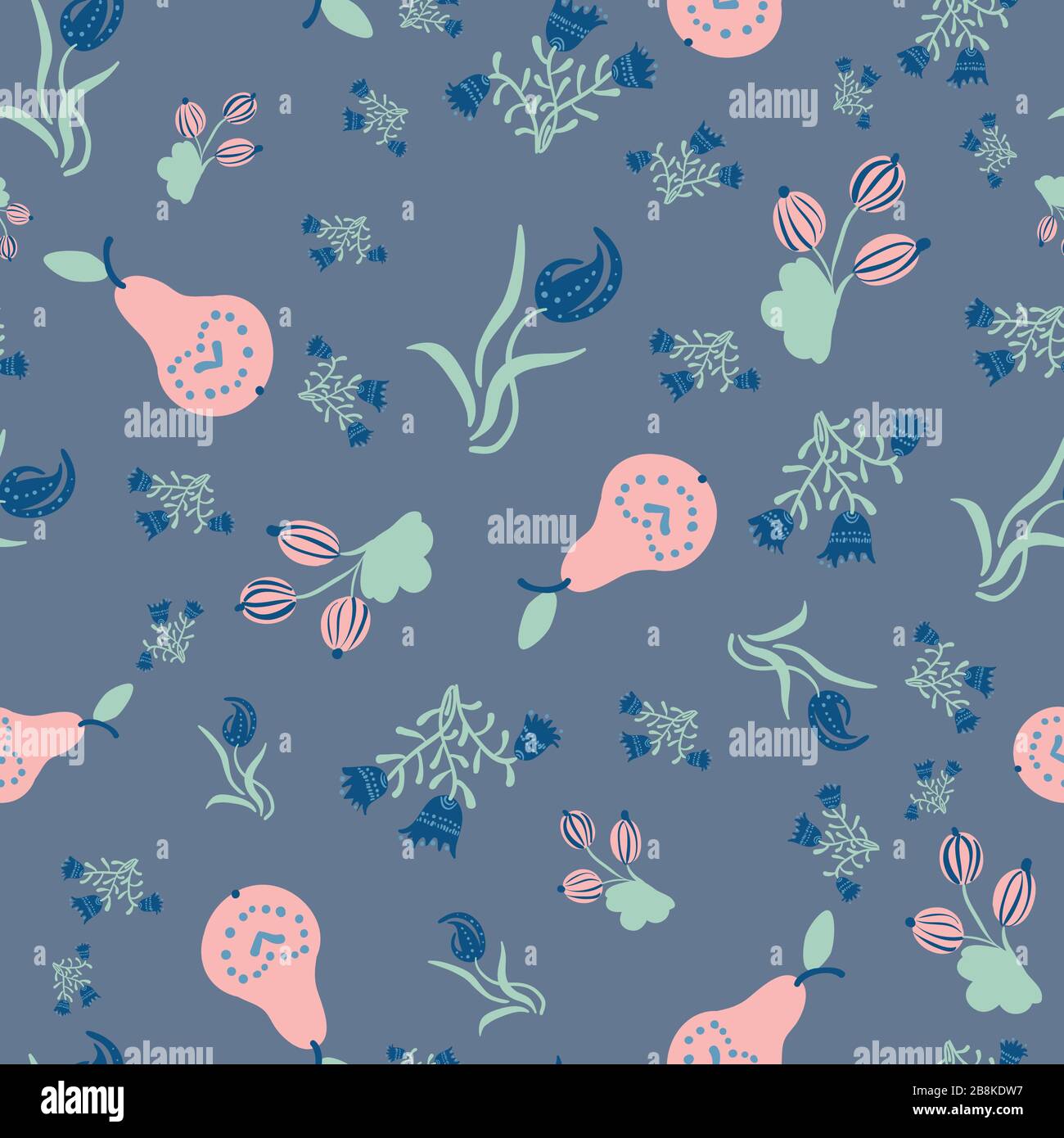 pears, gooseberries, and flowers seamless vector pattern Stock Vector