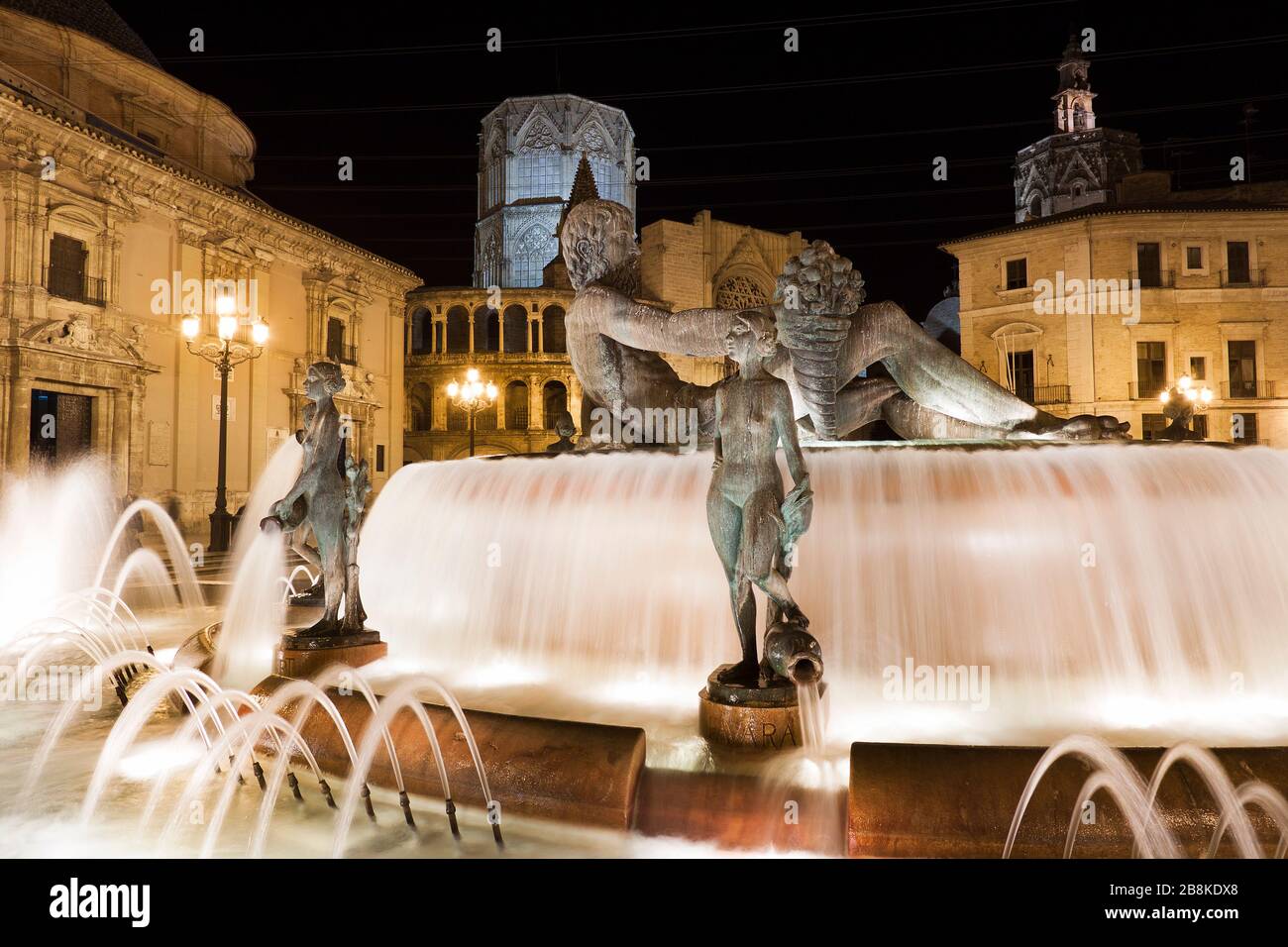 Turia river fountain in the VIrgin Square.Valencia, Spain. Stock Photo