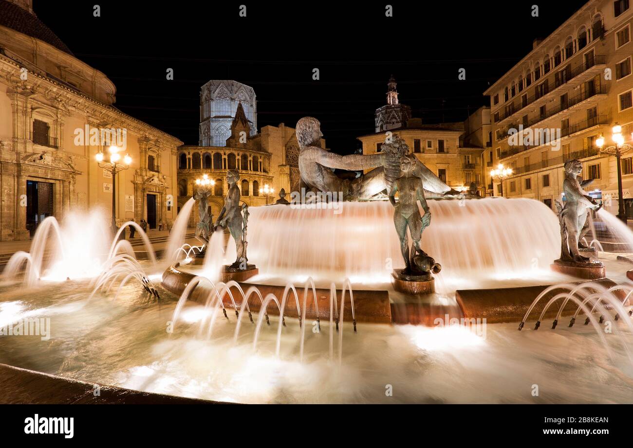 Turia river fountain in the VIrgin Square.Valencia, Spain. Stock Photo