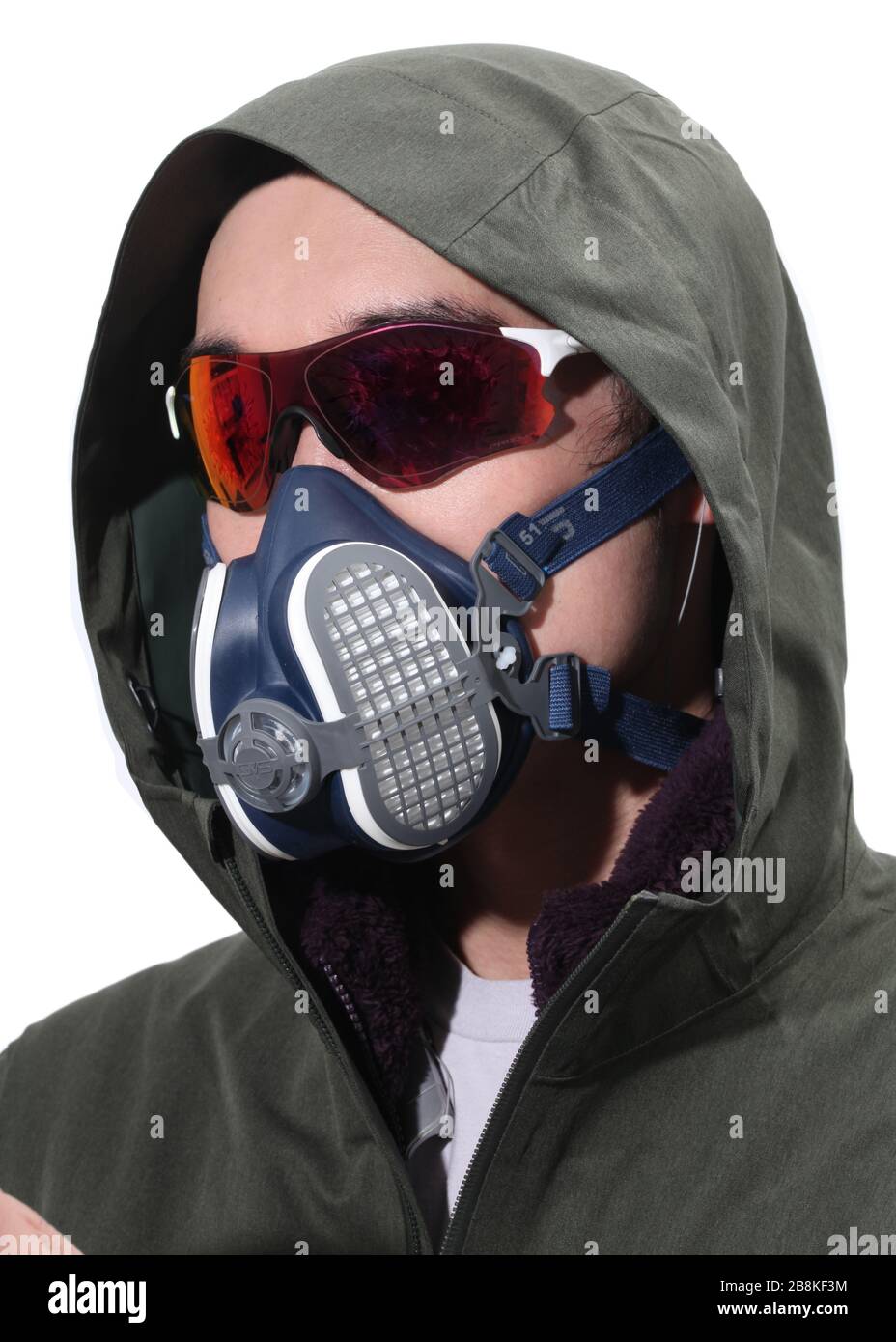 Asian man wearing breathing mask and stylish sunglasses protects himself from corona virus isolated on white background Stock Photo