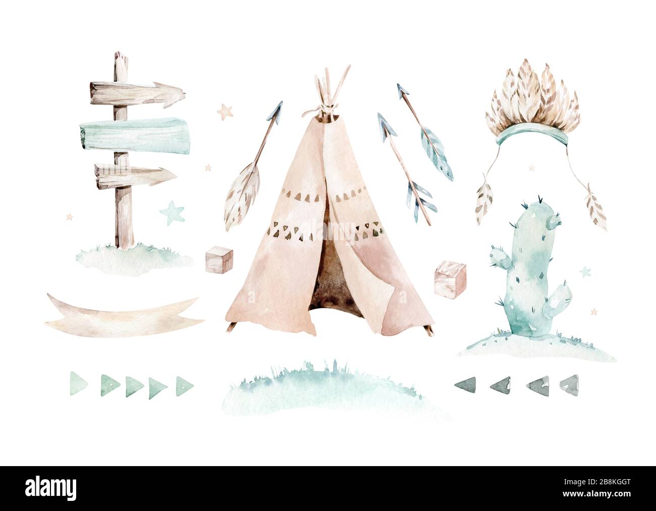 Watercolor set with mexican ethnic elements: cactus ,teepee, traditional wigwam, Boho party invitation. Baby boy baby shower. Wild west Stock Photo