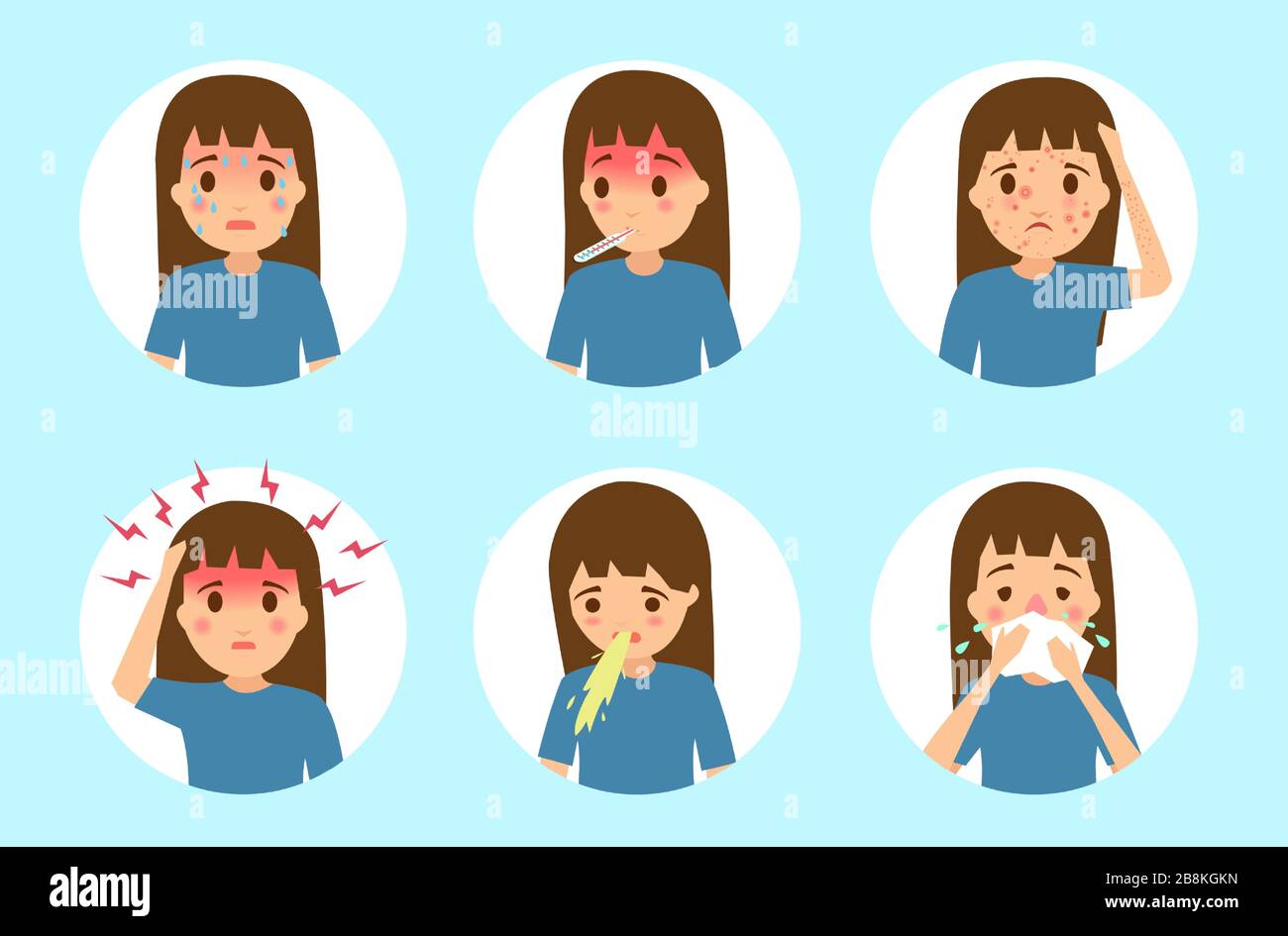 Vector of a little girl with symptoms of viral infection fever, cough, vomiting body aches Stock Vector