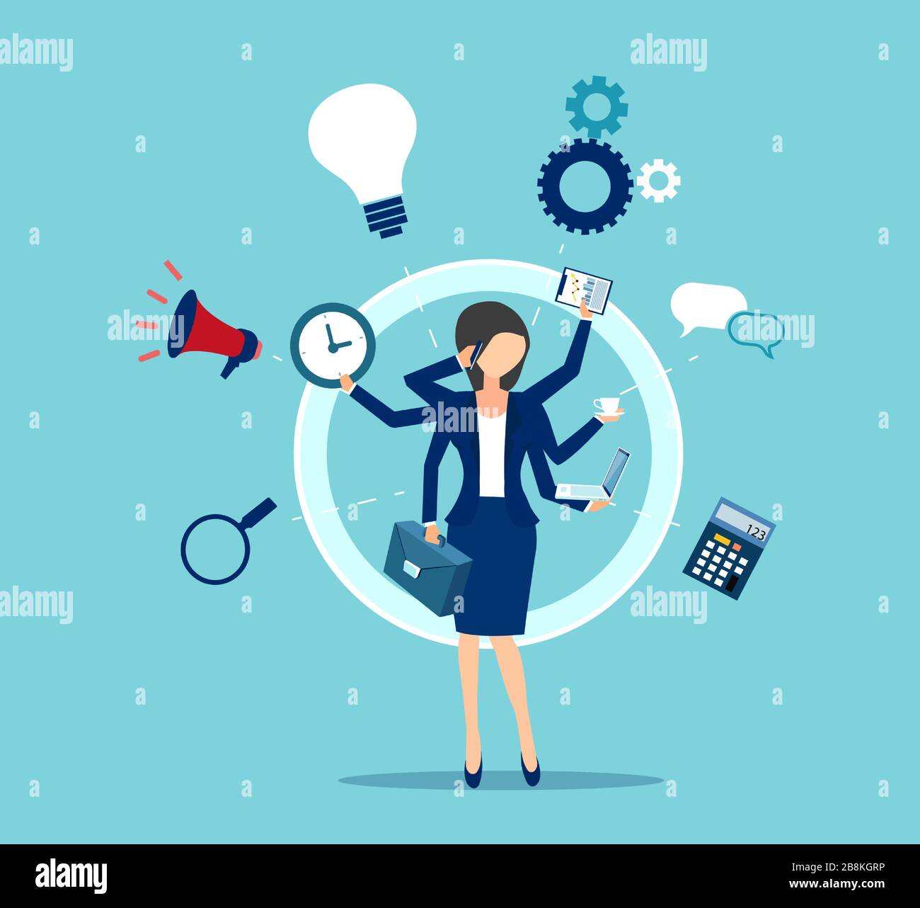 Vector of a multitasking business woman with many hands performing several tasks at the same time. Stock Vector