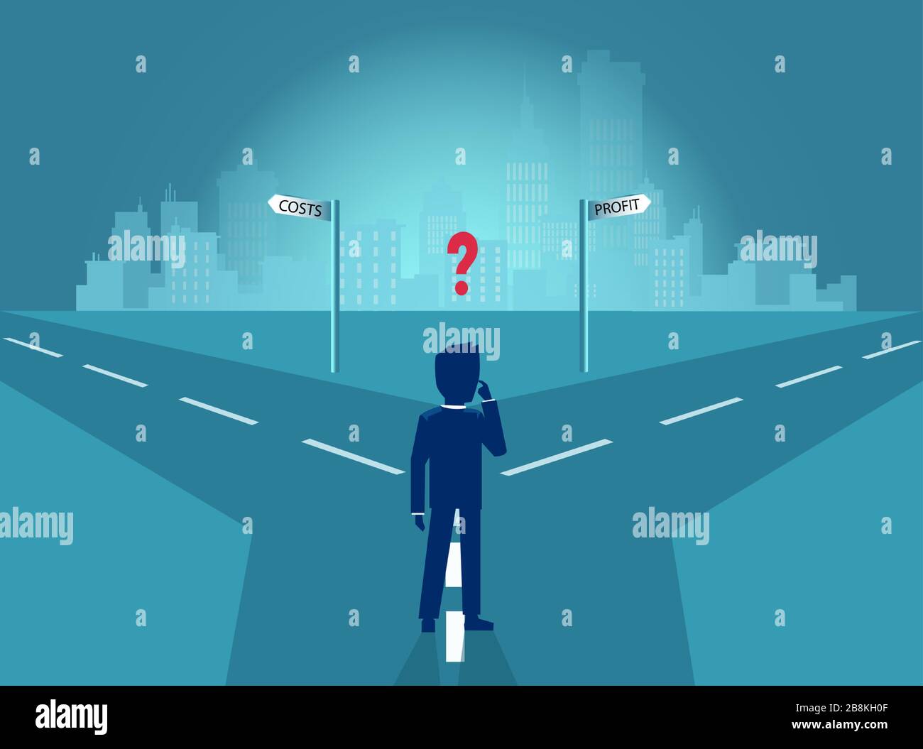 Vector of a businessman at crossroads having dilemma between costs and company profits Stock Vector