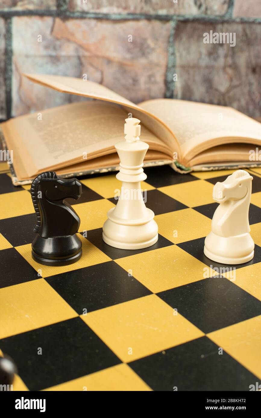 Chess figures position and a book Stock Photo