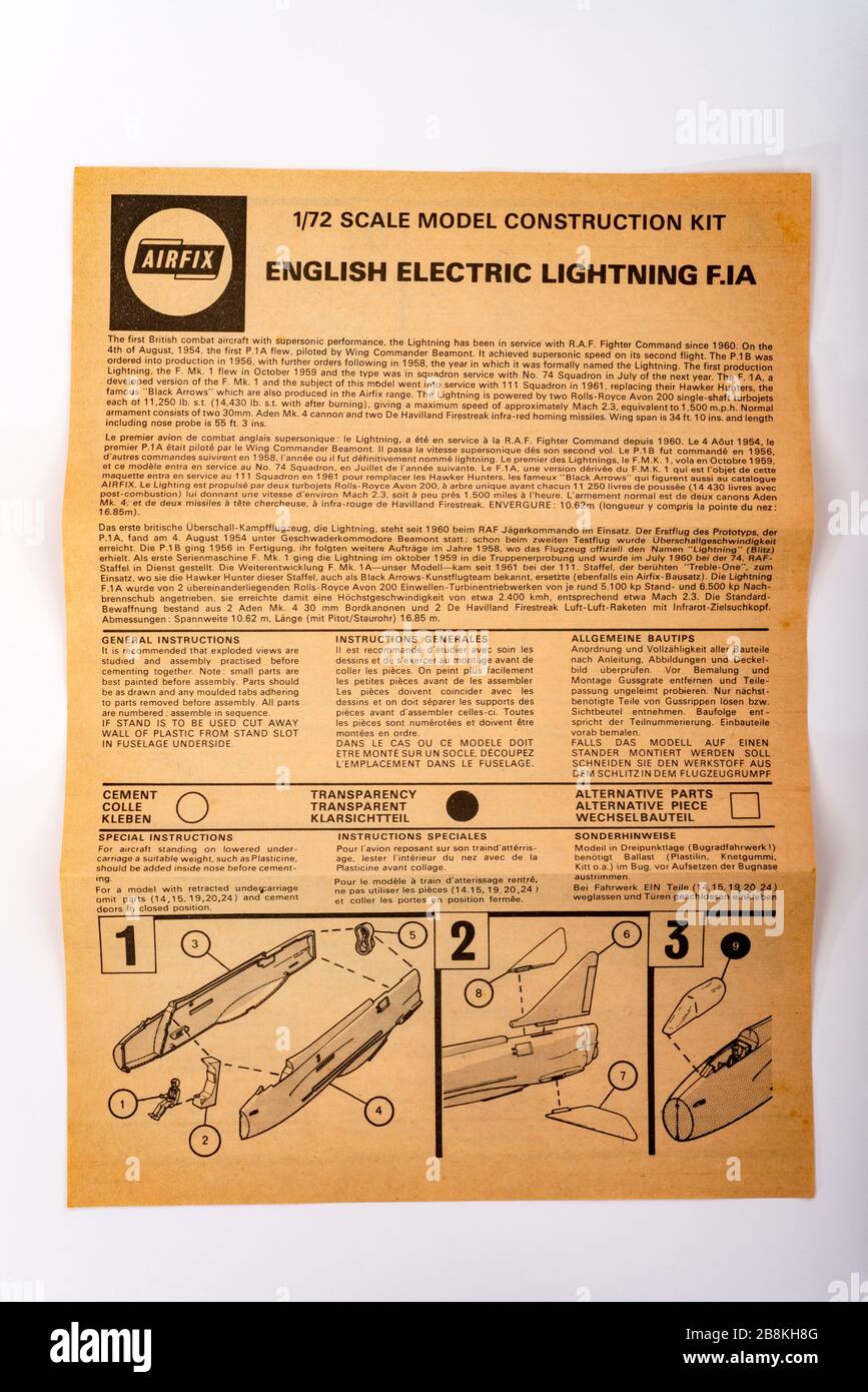 Vintage Airfix English Electric Lightning scale model instruction sheet Stock Photo