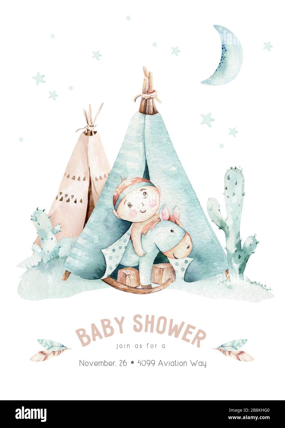 Watercolor set with mexican ethnic elements: cactus ,teepee, traditional wigwam, Boho party invitation. Baby boy baby shower. Wild west Stock Photo