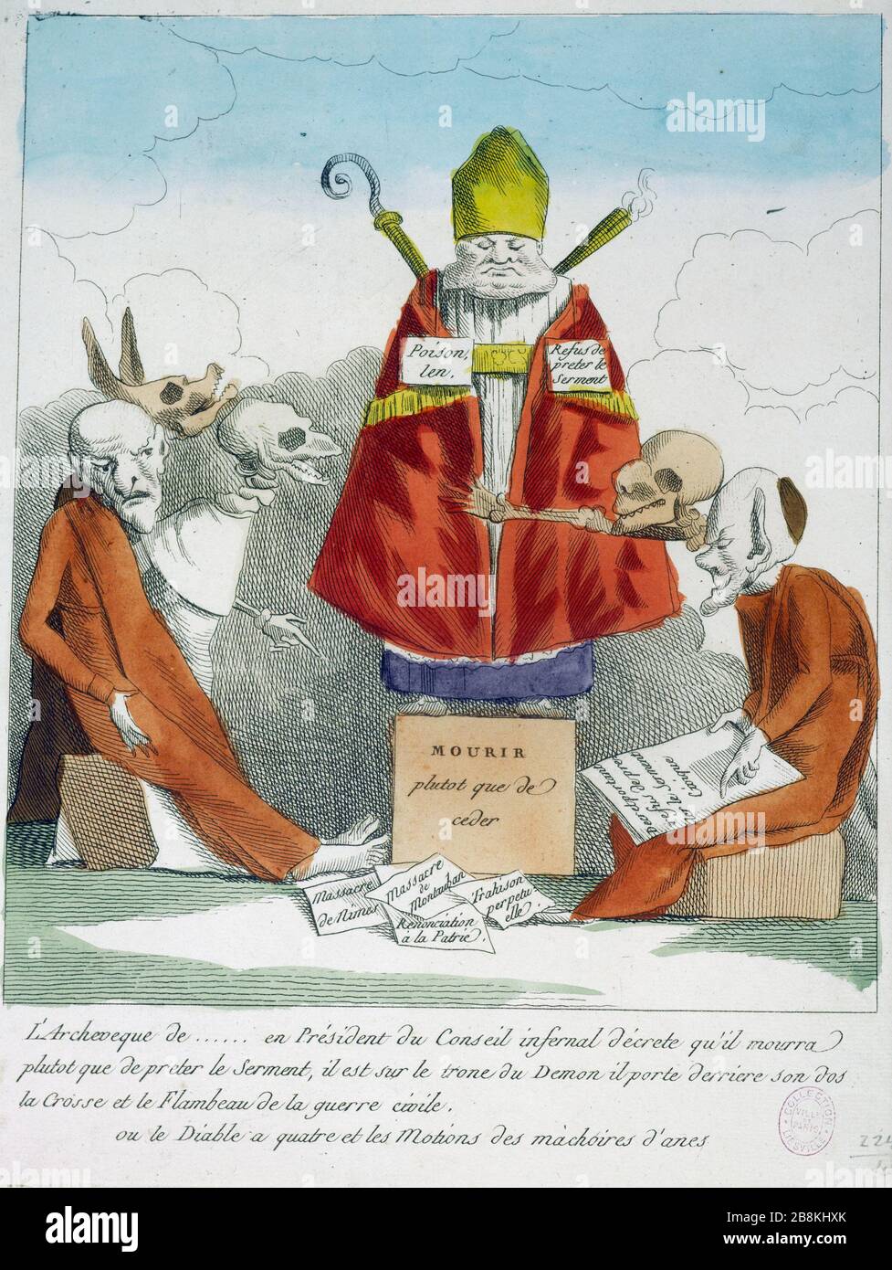 ARCHBISHOP OF ... IN COUNCIL PRESIDENT INFERNAL DECREES THAT DIE RATHER THAN PAY THE OATH 'L'Archevêque de... en Président du conseil infernal décrète qu'il mourra plutôt que de prêter le Serment...(1791-1792)'. Estampe. Paris, musée Carnavalet. Stock Photo