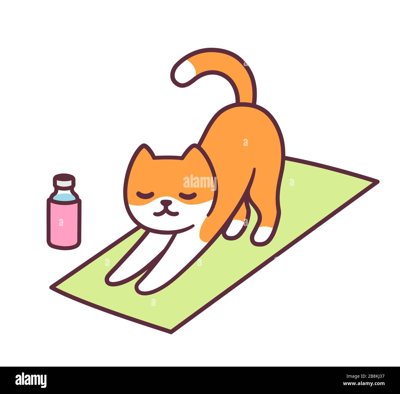 Cartoon cat doing yoga pose, stretching in fitness class. Ginger kitty in simple cute style, vector clip art illustration. Stock Vector