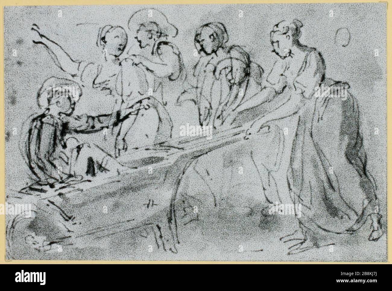 Reproduction of Robert Hubert drawing of a woman pushing a wheelbarrow and various characters (TF) Stock Photo