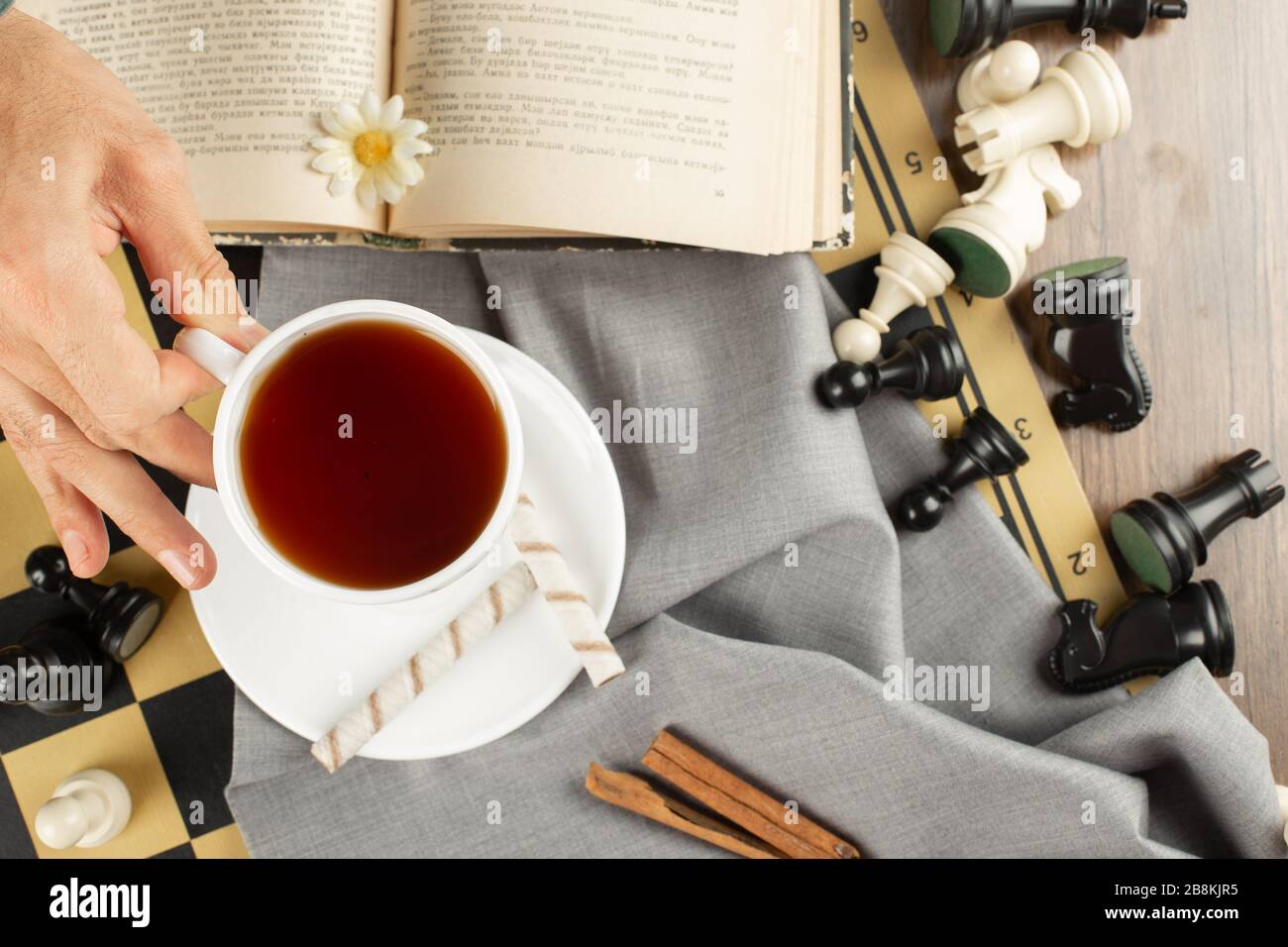 A cup of tea, a book and chess figures Stock Photo