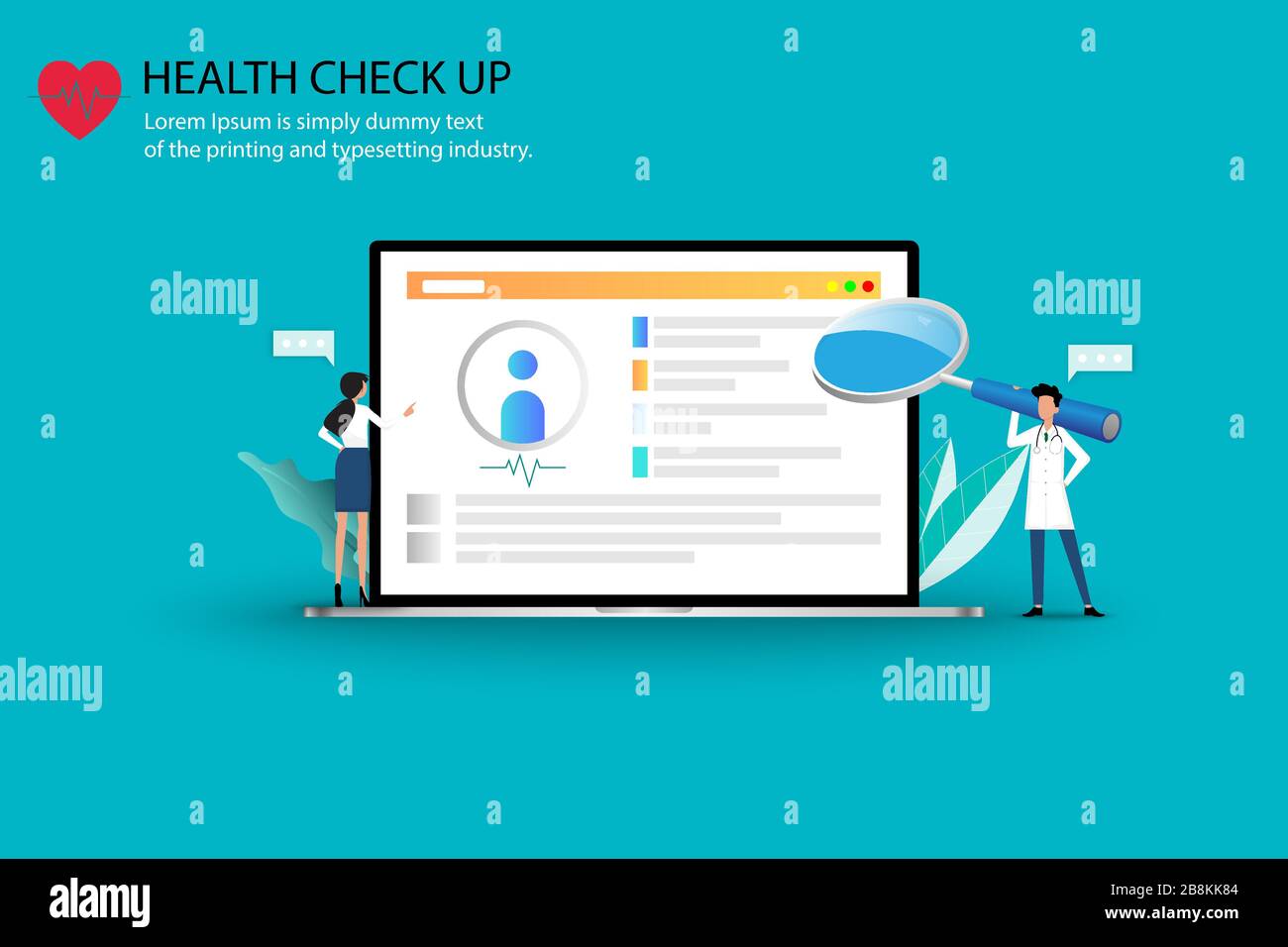 Concept of medical health check up, two doctors are working on a big screen of laptop to monitor, check and treat health of the patients. Stock Vector