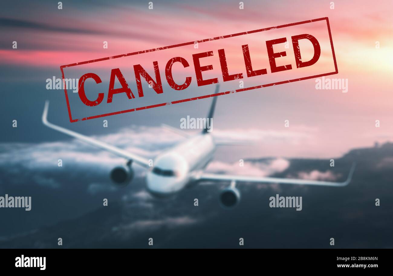 Canceled flights in Europe and USA airports. Airplane with text Stock Photo