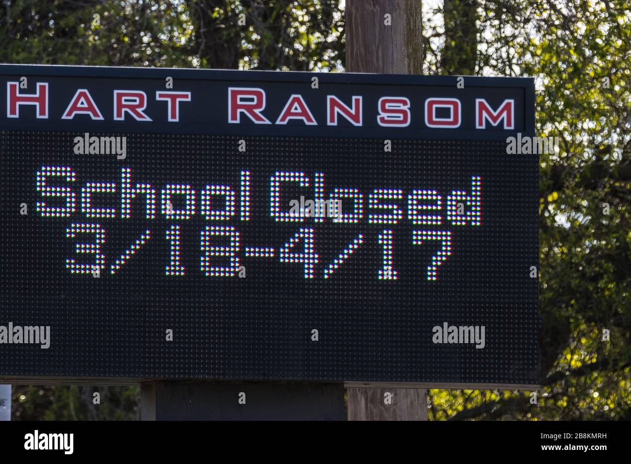 Hart Ransom Elementary  School in rural Wood Colony sign tells a tale of the Corona Virus Pandemic March 21 2020 Stock Photo