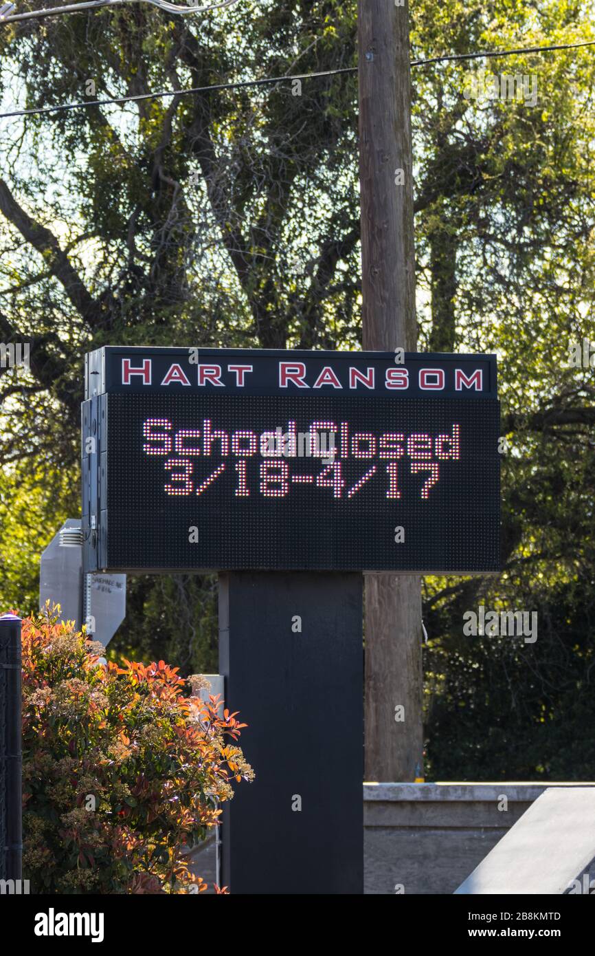 Hart Ransom Elementary  School in rural Wood Colony sign tells a tale of the Corona Virus Pandemic March 21 2020 Stock Photo