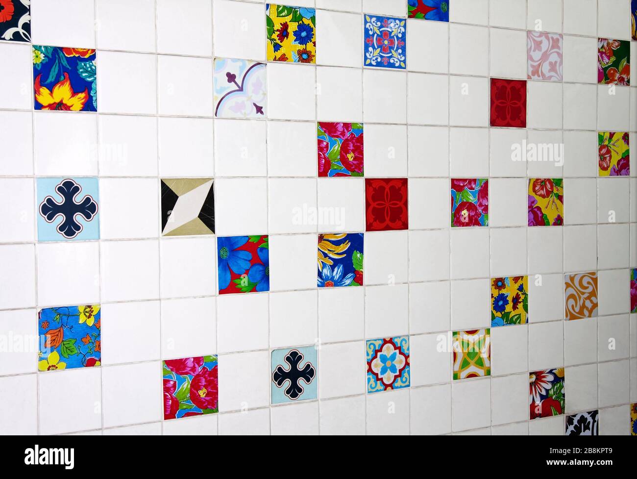 ceramic tiles; many colorful designs, white wall; South America; Rio de