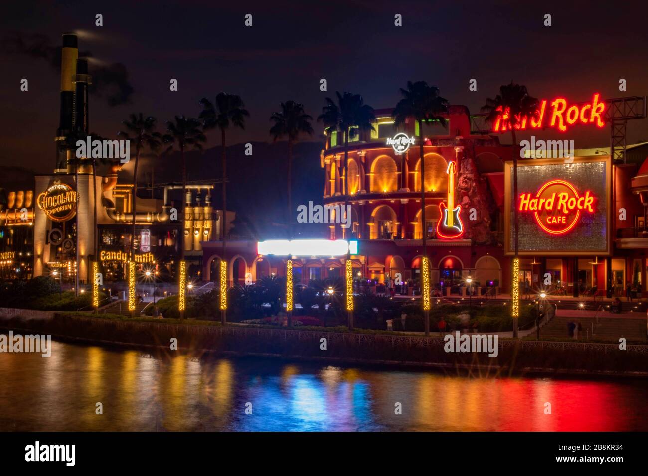 Orlando, Florida. February 12, 2020. Illuminated Hard Rock Cafe and
