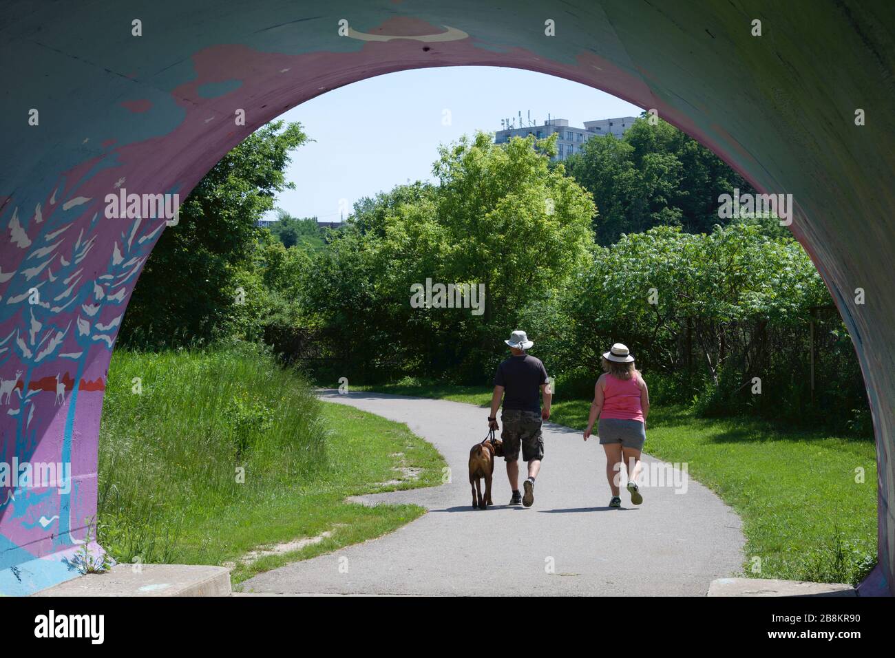 Healthy lifestyle - couple walking dog through a tunnel in the public park Stock Photo