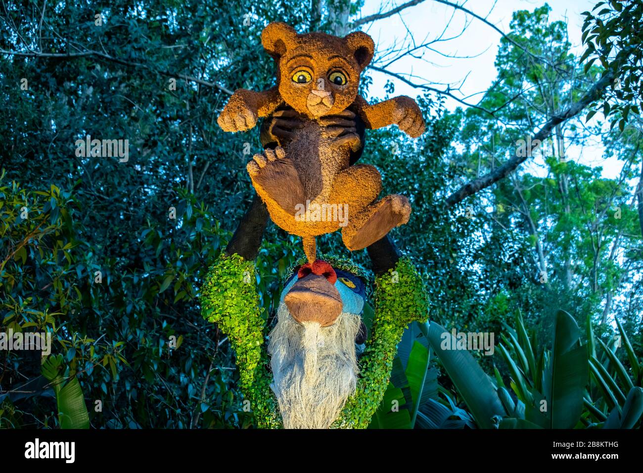 Orlando, Florida . March 11, 2020. Rafiki monkey and Simba topiaries on forest scenery at Epcot in Walt Disney World Stock Photo