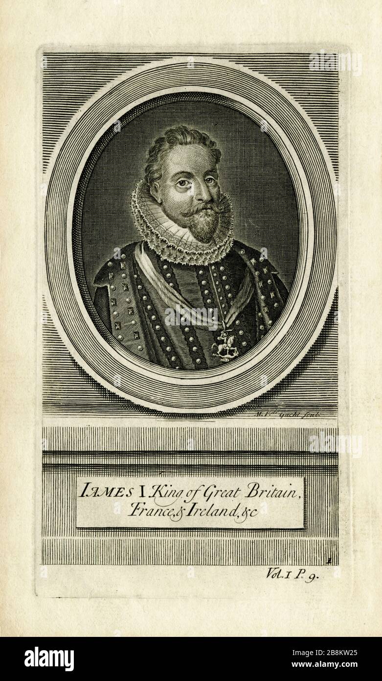 King James I of England and VI of Scotland (1566-1625).  He commissioned the ‘King James’ translation of the Bible into English, published in 1611. 11. Engraving by Flemish engraver, Michael van der Gucht (1660-1725), first published in the early 1700s. Stock Photo