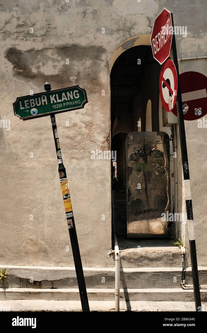 Street signs view in colorful Penang, Malaysia Stock Photo Alamy