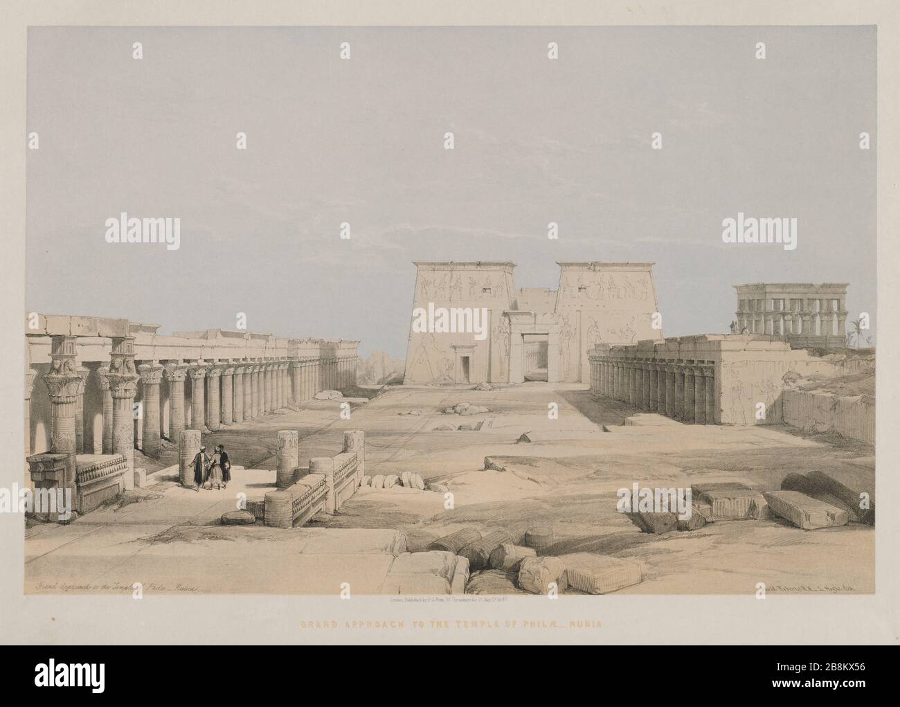 Egypt and Nubia, Volume I: Grand Approach to the Temple of Philae, Nubia, 1847. Louis Haghe (British, 1806-1885), F.G.Moon, 20 Threadneedle Street, London, after David Roberts (British, 1796-1864). Color lithograph Stock Photo