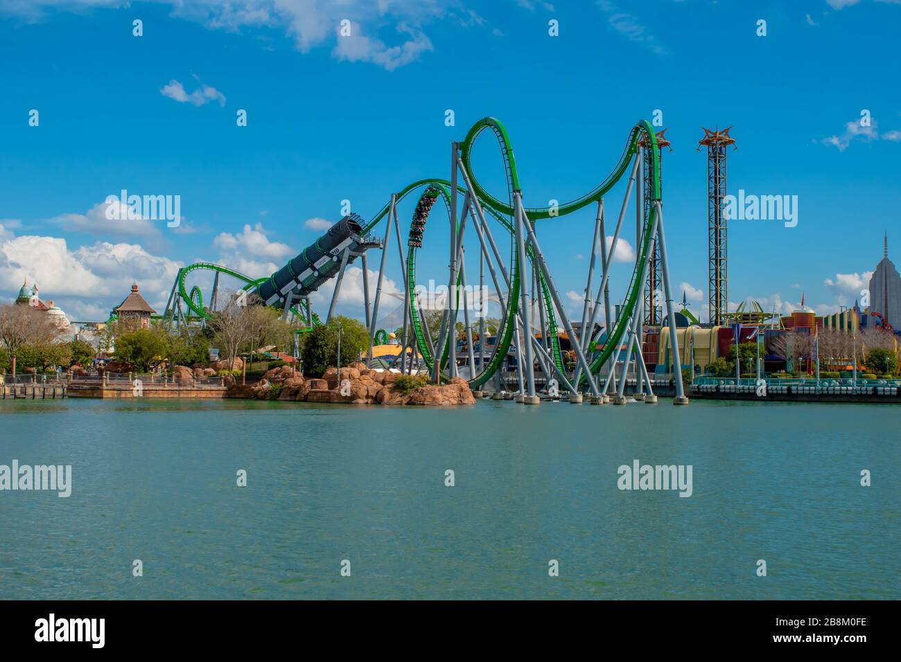Orlando, Florida. March 02, 2019. People enjoying amazing The Incredible Hulk Coaster at Universals Islands of Adventure Stock Photo