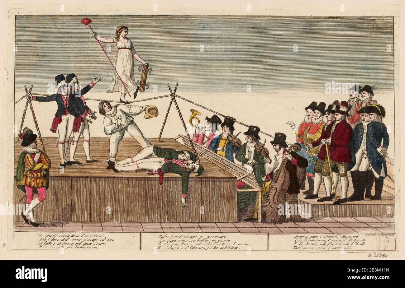 Democracy tightrope walker on a platform surrounded by musicians and foreign spectators. (TF) Stock Photo