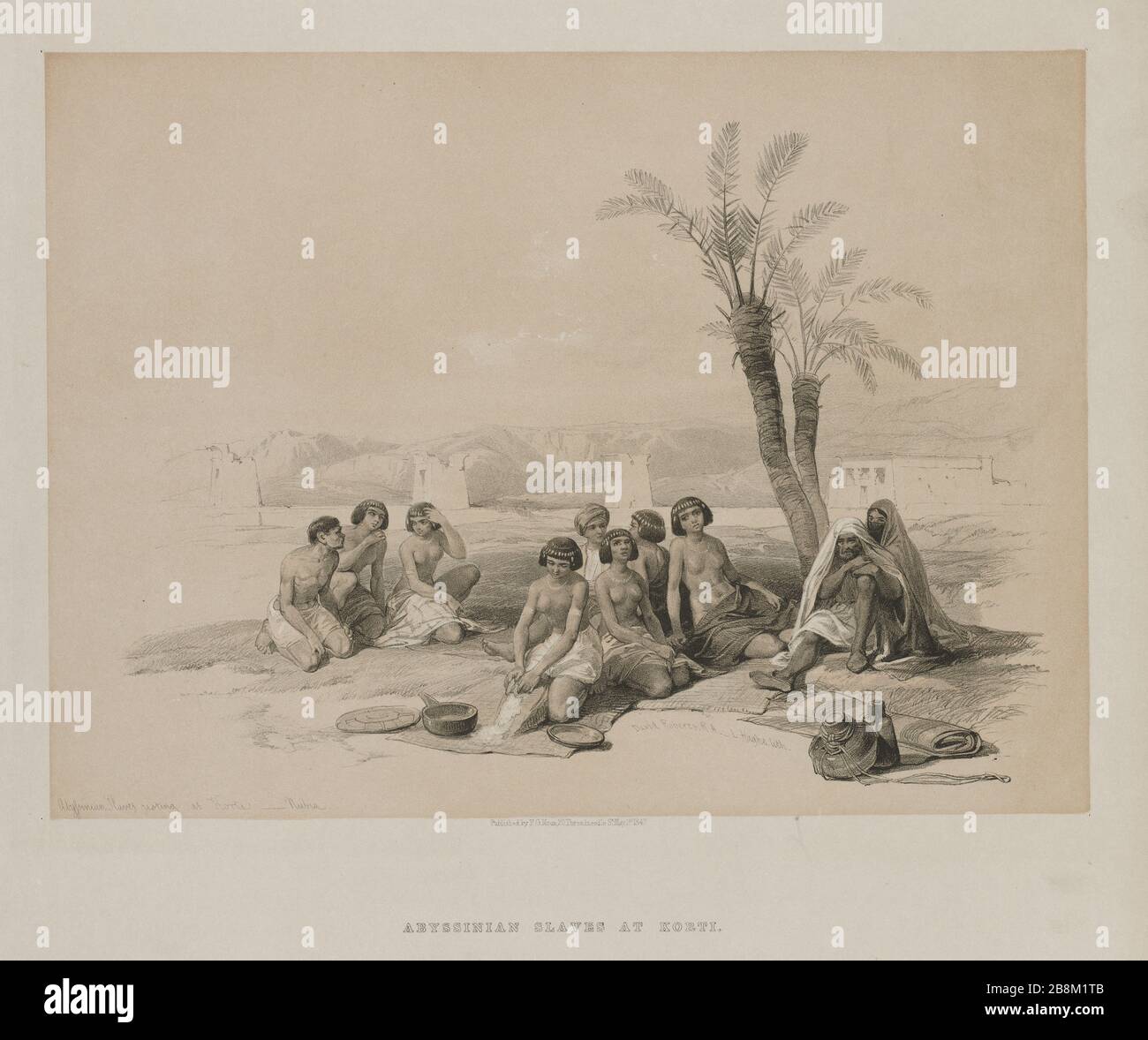 Abyssinian Slaves Resting at Korti (Kurti) Sudan Nubia from Egypt and Nubia, Volume I: Abyssinian Slaves Resting at Korti-Nubia, 1847. Louis Haghe (British, 1806-1885), F.G.Moon, 20 Threadneedle Street, London, after David Roberts (British, 1796-1864). Color lithograph; Stock Photo