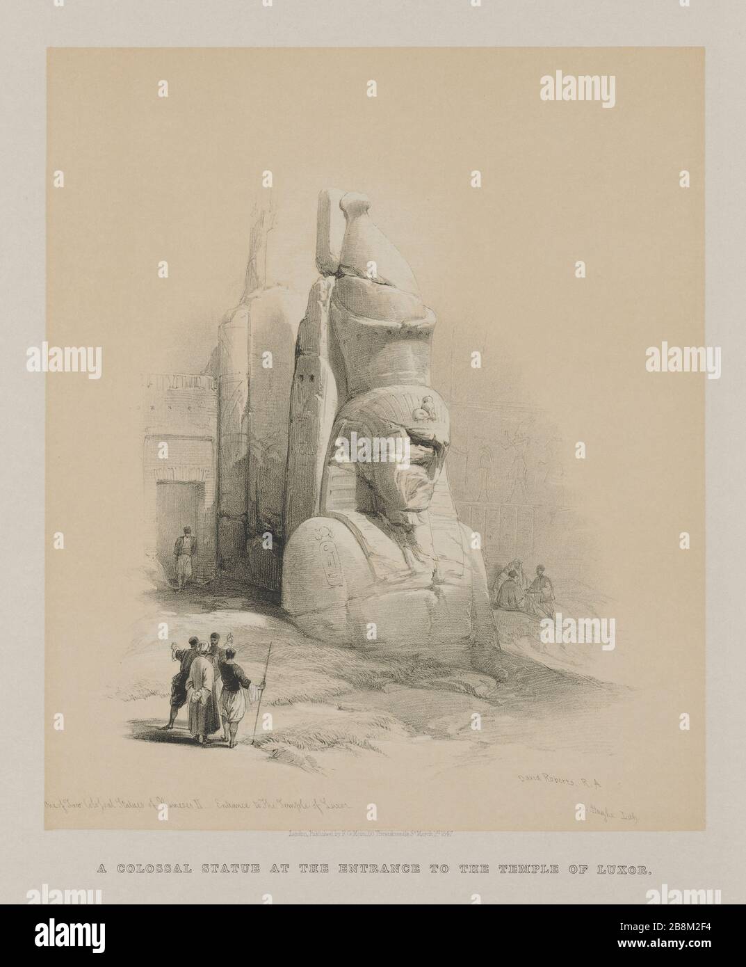 One of Two Colossal Statues of Rameses II. Entrance to the Temple of Luxor from Egypt and Nubia, Volume I: One of Two Colossal Statues of Rameses II. Entrance to the Temple of Luxor, 1847. Louis Haghe (British, 1806-1885), F.G.Moon, 20 Threadneedle Street, London, after David Roberts (British, 1796-1864). Color lithograph; Stock Photo