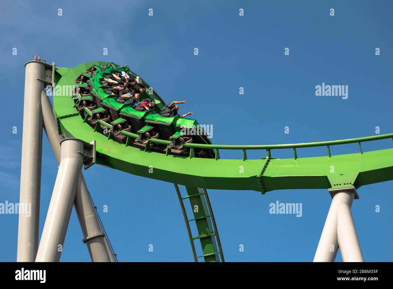 Orlando, Florida. March 02, 2019. People having fun The Incredible Hulk Coaster at Universals Islands of Adventure Stock Photo