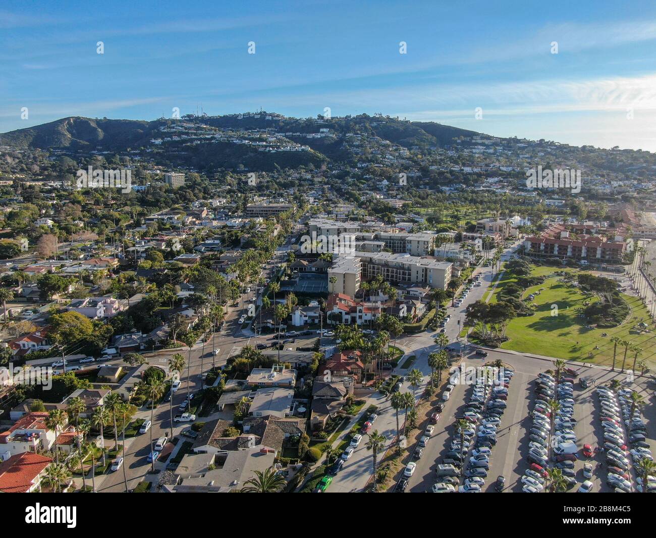 Aerial view of La Jolla little coastline city with wealthy villas and