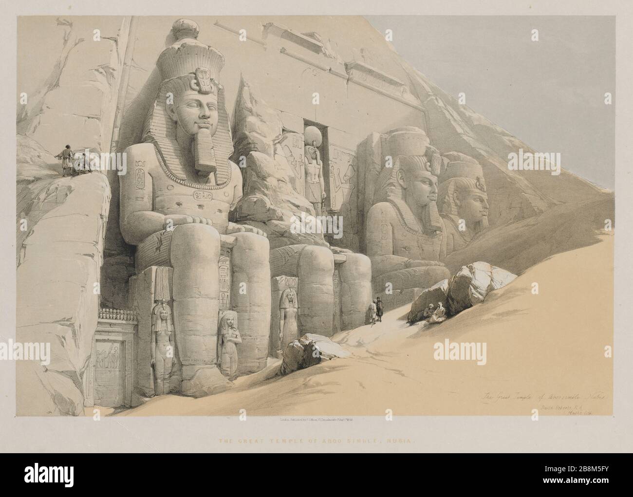 The Great Temple of Aboo-Simble (Abu Simbel), From Nubia Egypt and Nubia, Volume I: The Great Temple of Aboo-Simble, Nubia, 1846. Louis Haghe (British, 1806-1885), F.G. Moon, 20 Threadneedle Street, London, after David Roberts (British, 1796-1864). Color lithograph; Stock Photo