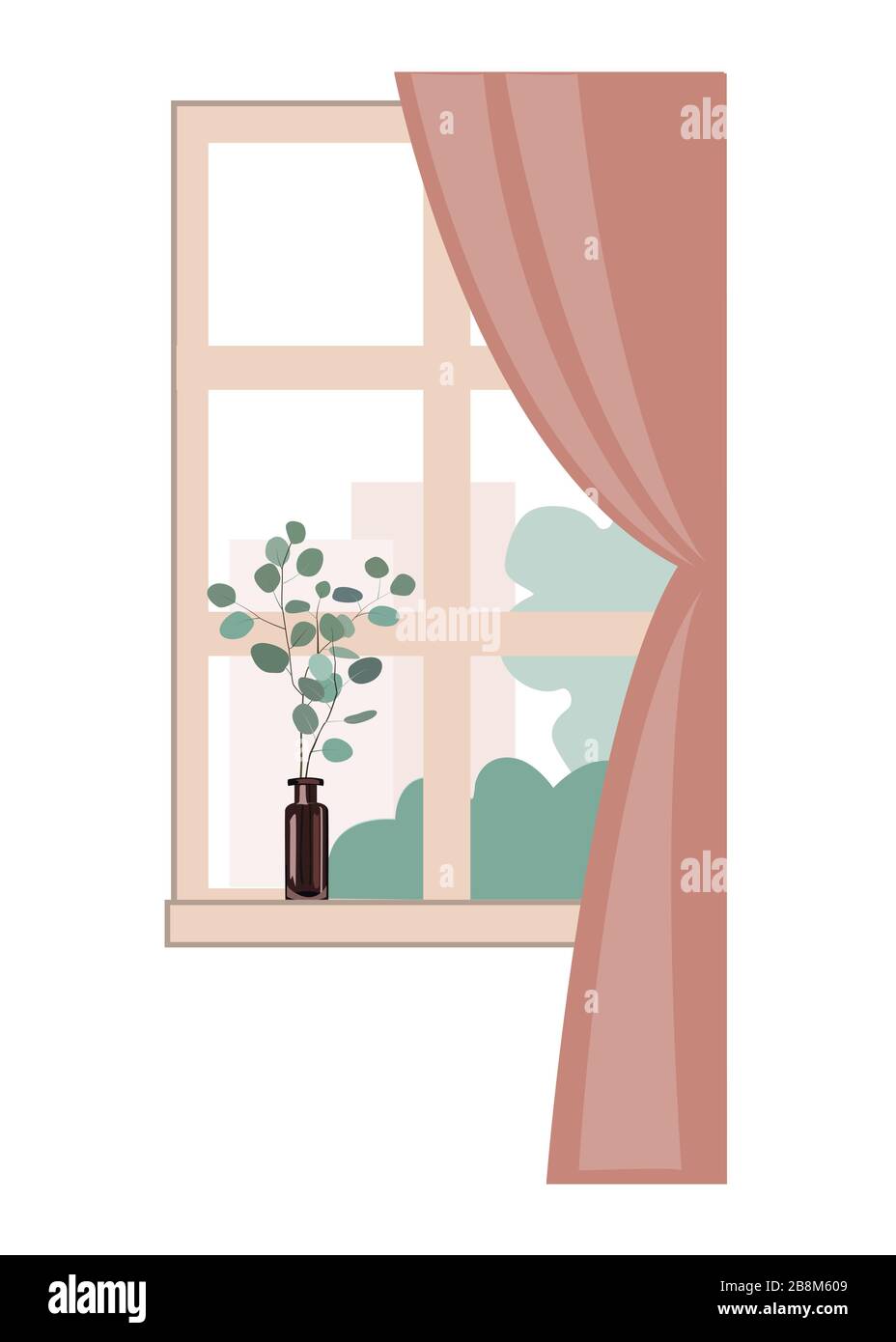 Window overlooking the city buildings and trees. Eucalyptus branch in the glass on the windowsill. Spring interior design element. Flat vector Stock Vector