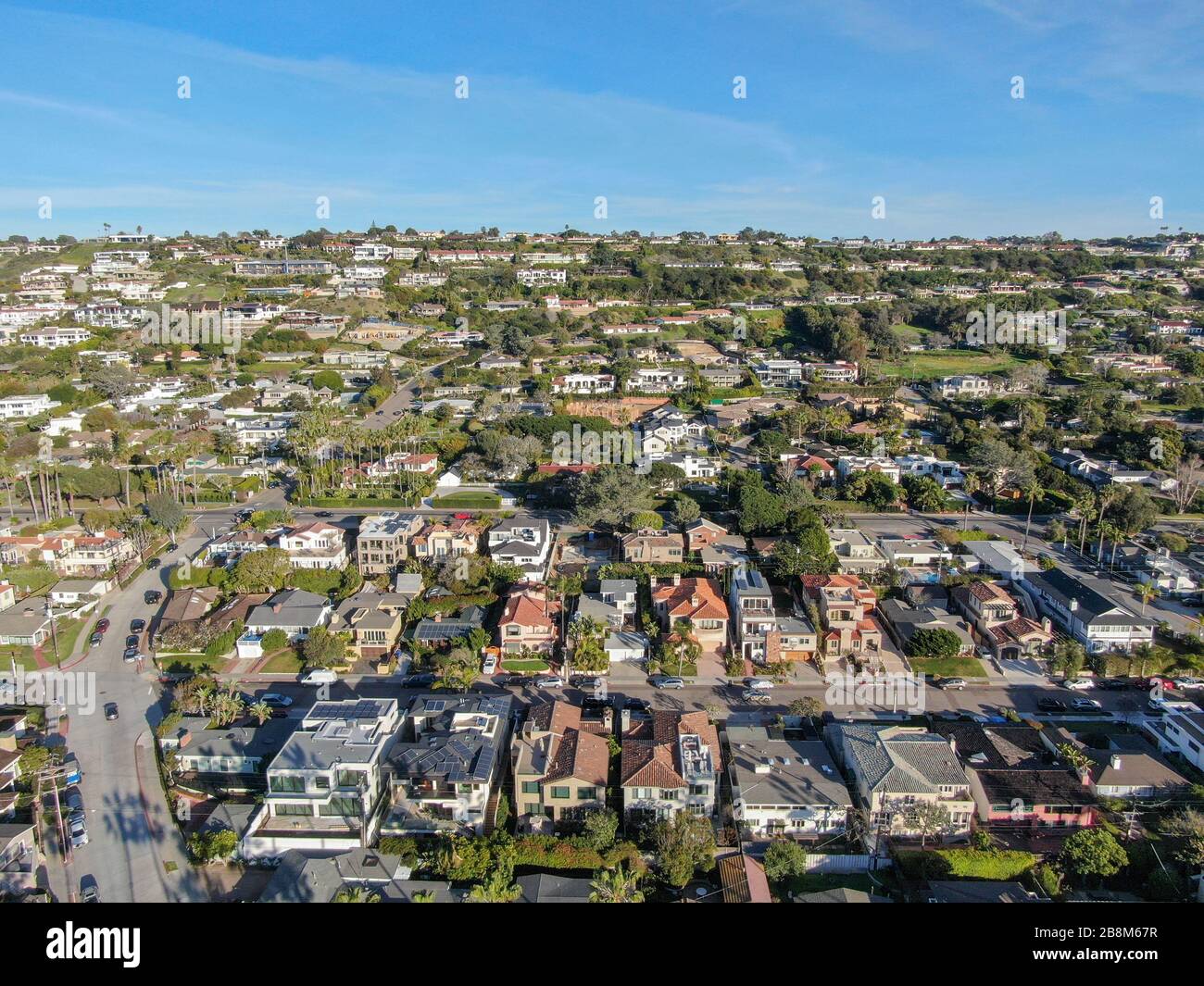 Aerial view of La Jolla little coastline city with wealthy villas and