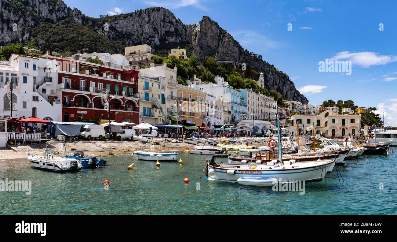 Boats at anchor in Marina Grande harbour, Capri , Campania, Italy. Stock Photo