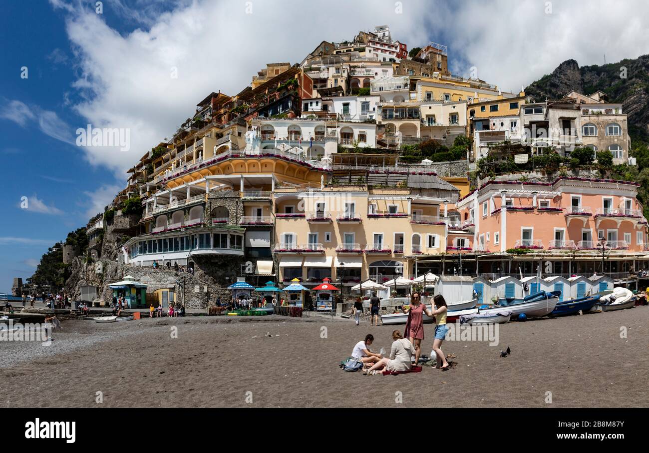 Positano on the Amalfi Coast from the beach, Campania, Italy. Stock Photo