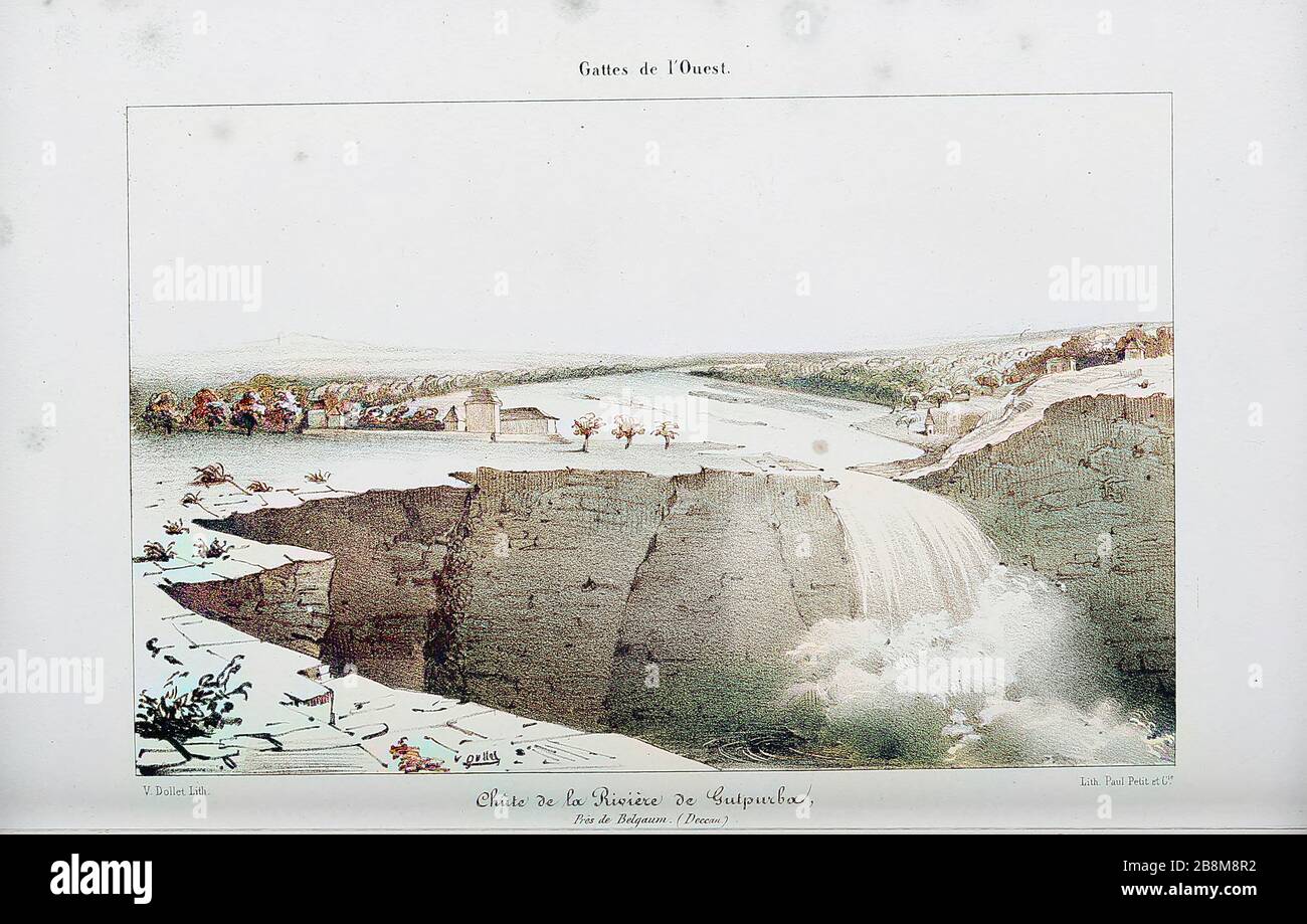 Machine colorized Falls in Satpura (Gokak Falls) from Souvenirs d'un voyage dans l'Inde exécuté de 1834 à 1839 (A voyage to India) by Delessert, Adolphe, published in Paris in 1843 Stock Photo