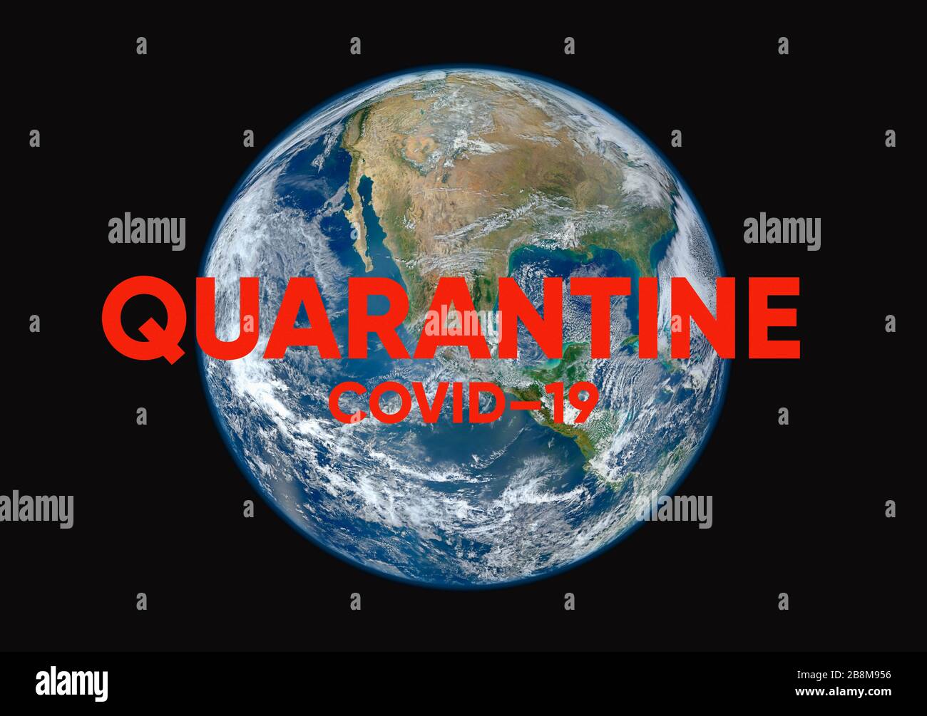 Coronavirus global outbreak and pandemic, COVID 19 quarantine illustration with planet Earth as seen from cosmos and red text Stock Photo