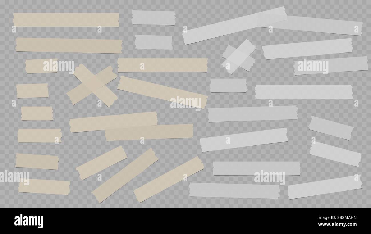 White and beige different size adhesive, sticky, masking, tape, paper pieces are on dark grey squared background Stock Vector