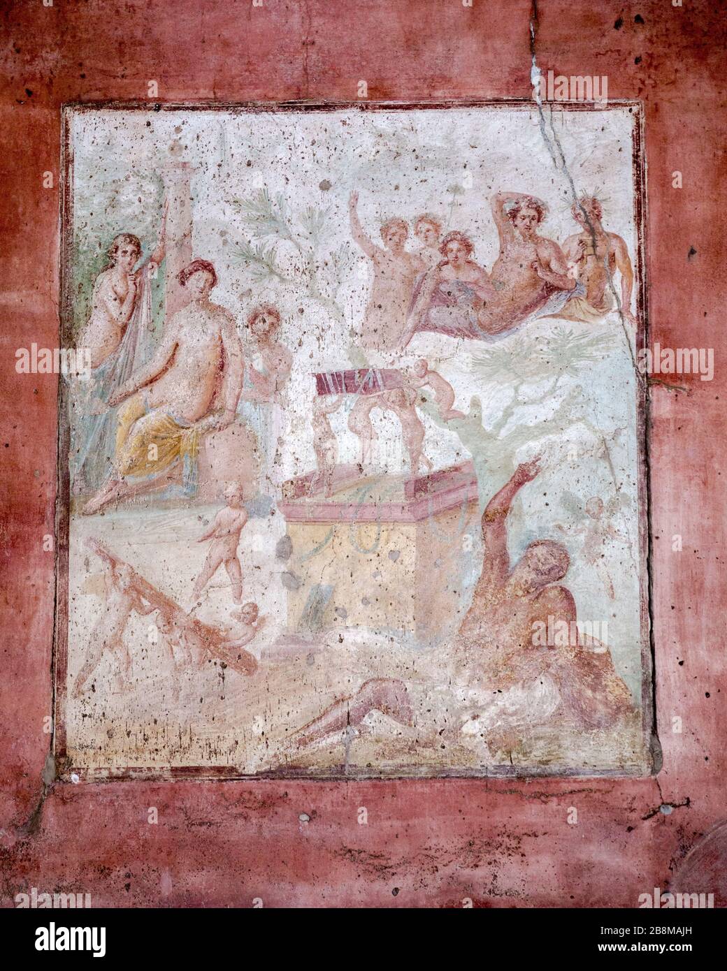 Ancient painted wall fresco in Pompeii destroyed by the 79BC eruption of Mount Vesuvius, Campania, Italy. Stock Photo
