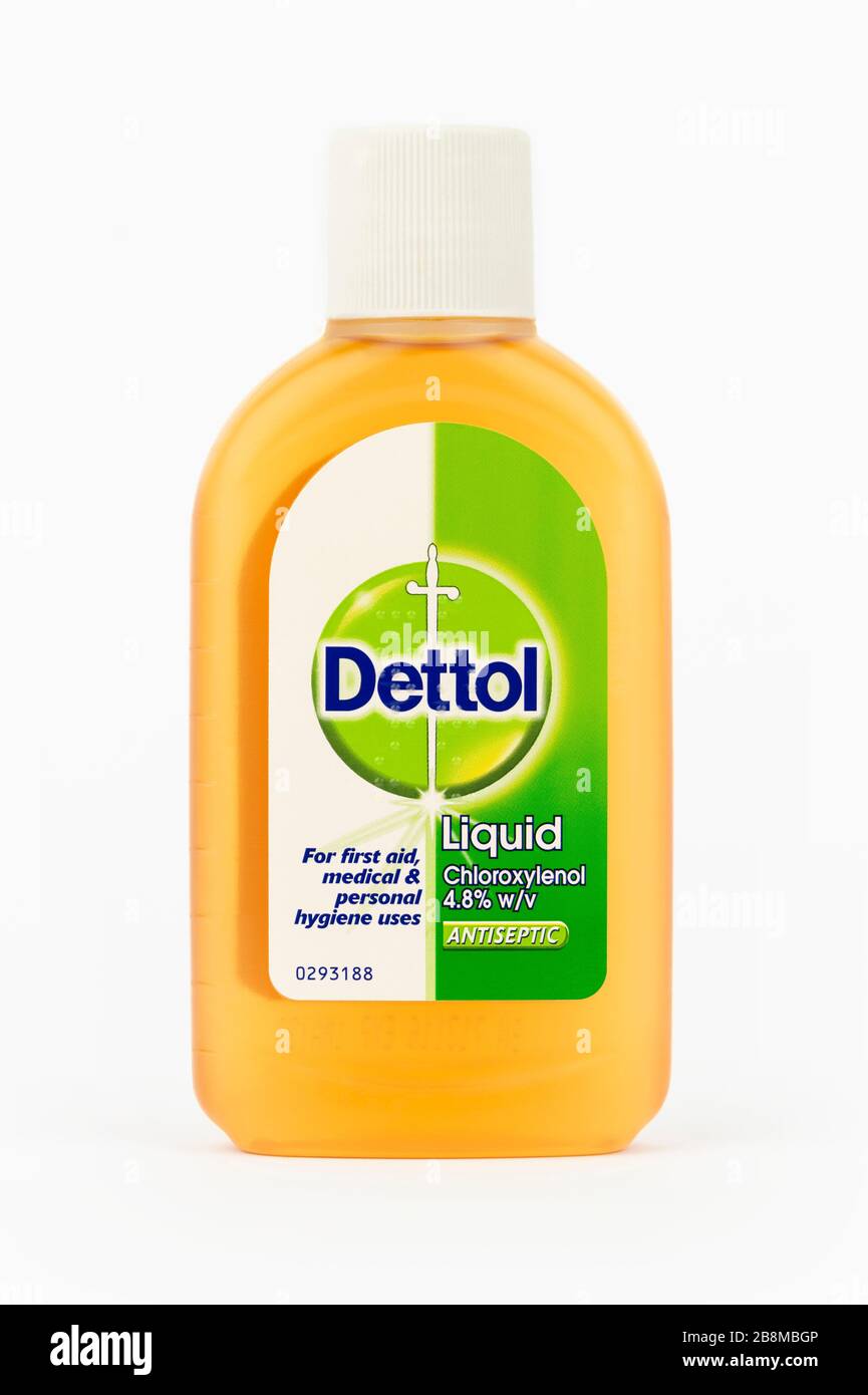 A bottle of Dettol disinfectant shot on a white background. Stock Photo
