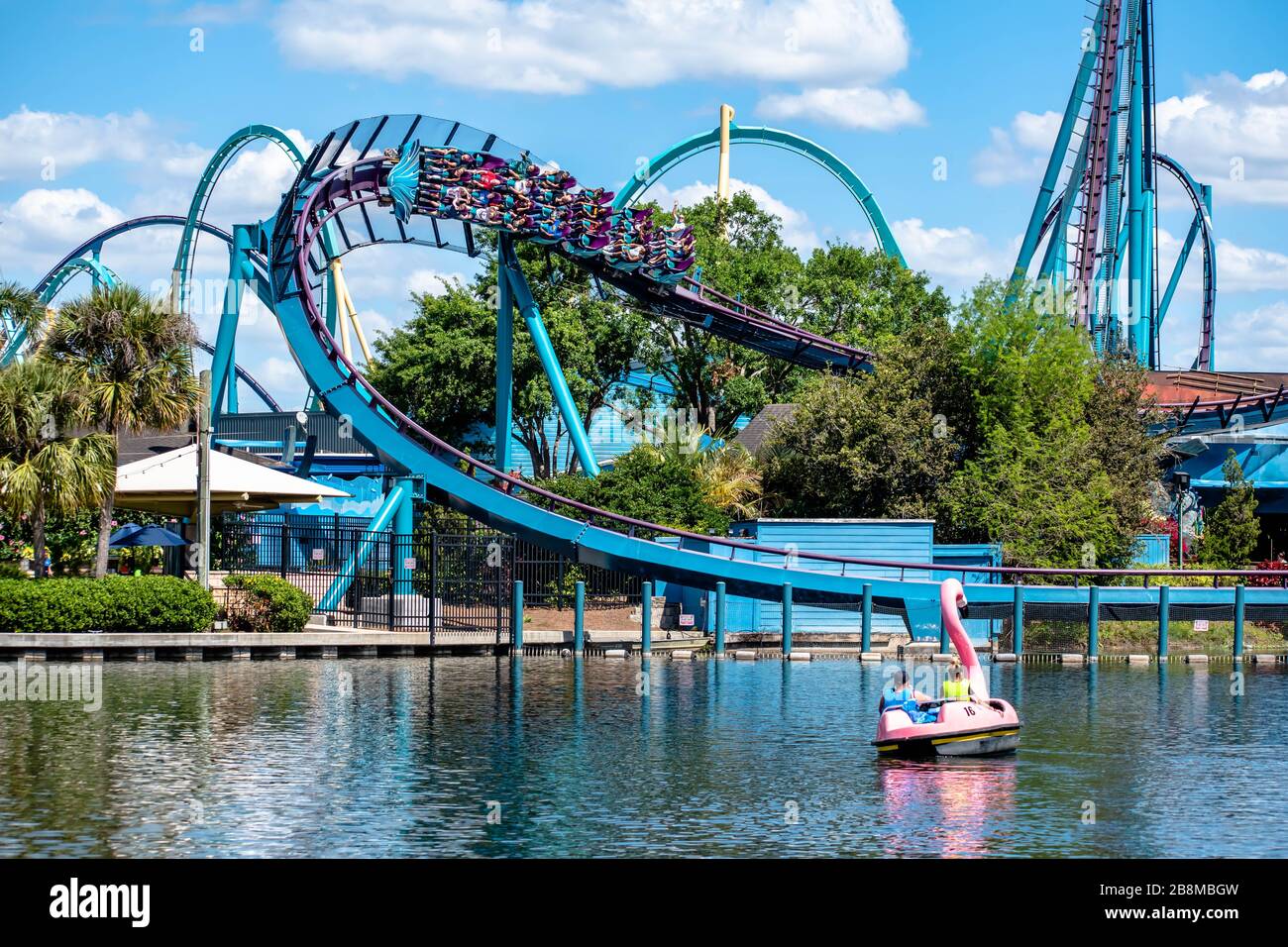 Orlando, Florida. March 14, 2020. People enjoying Mako rollercoaster ...