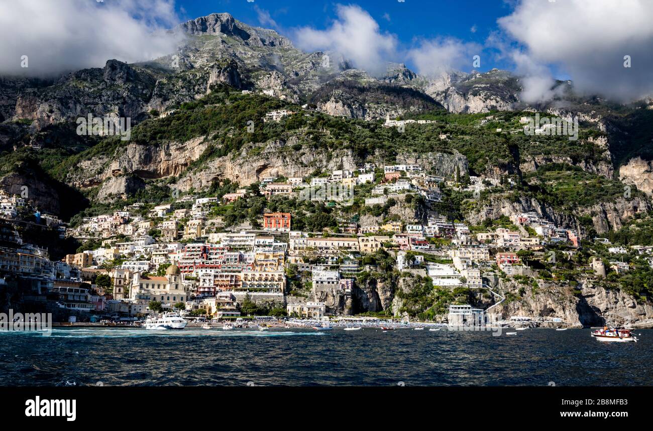 Positano and the Amalfi Coast from the sea, Campania, Italy. Stock Photo