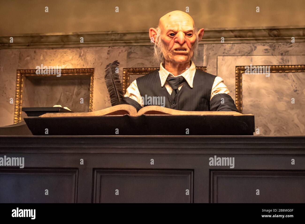 Orlando, Florida. March 02, 2020. Gobling on Gringott  Money Exchange in The Wizarding World of Harry Potter Diagon Alley at Universal Studios Stock Photo