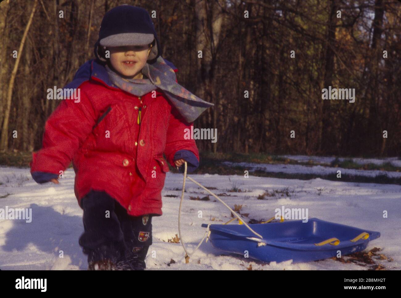 Toddler in red jacket pulling sled in snow Stock Photo