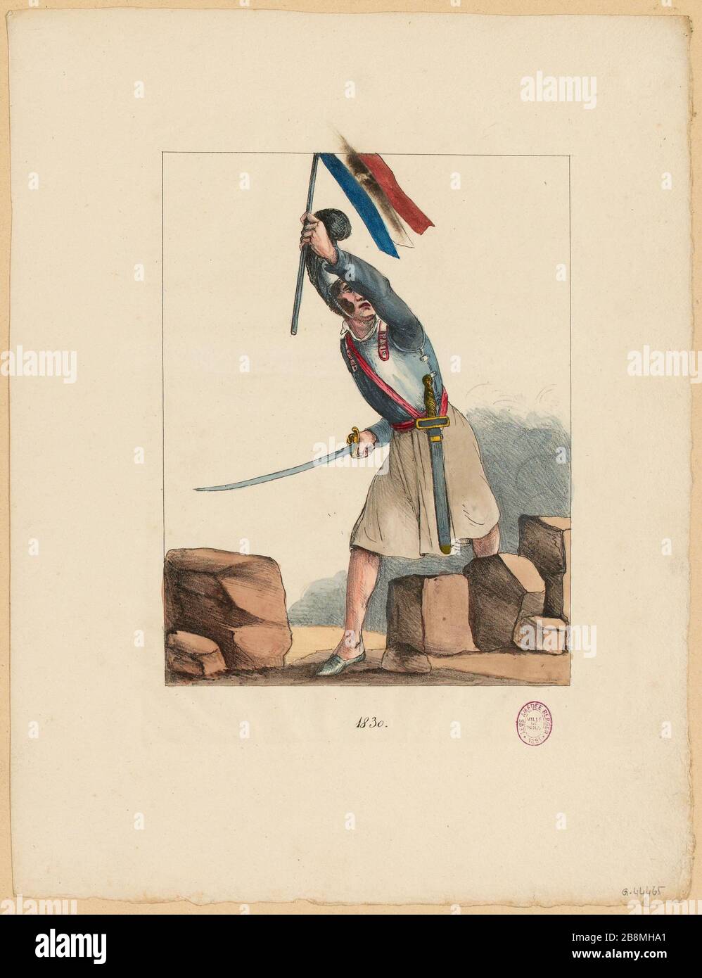 Woman in armor, carrying a sword and a flag. / 1830/3 (TF) Stock Photo