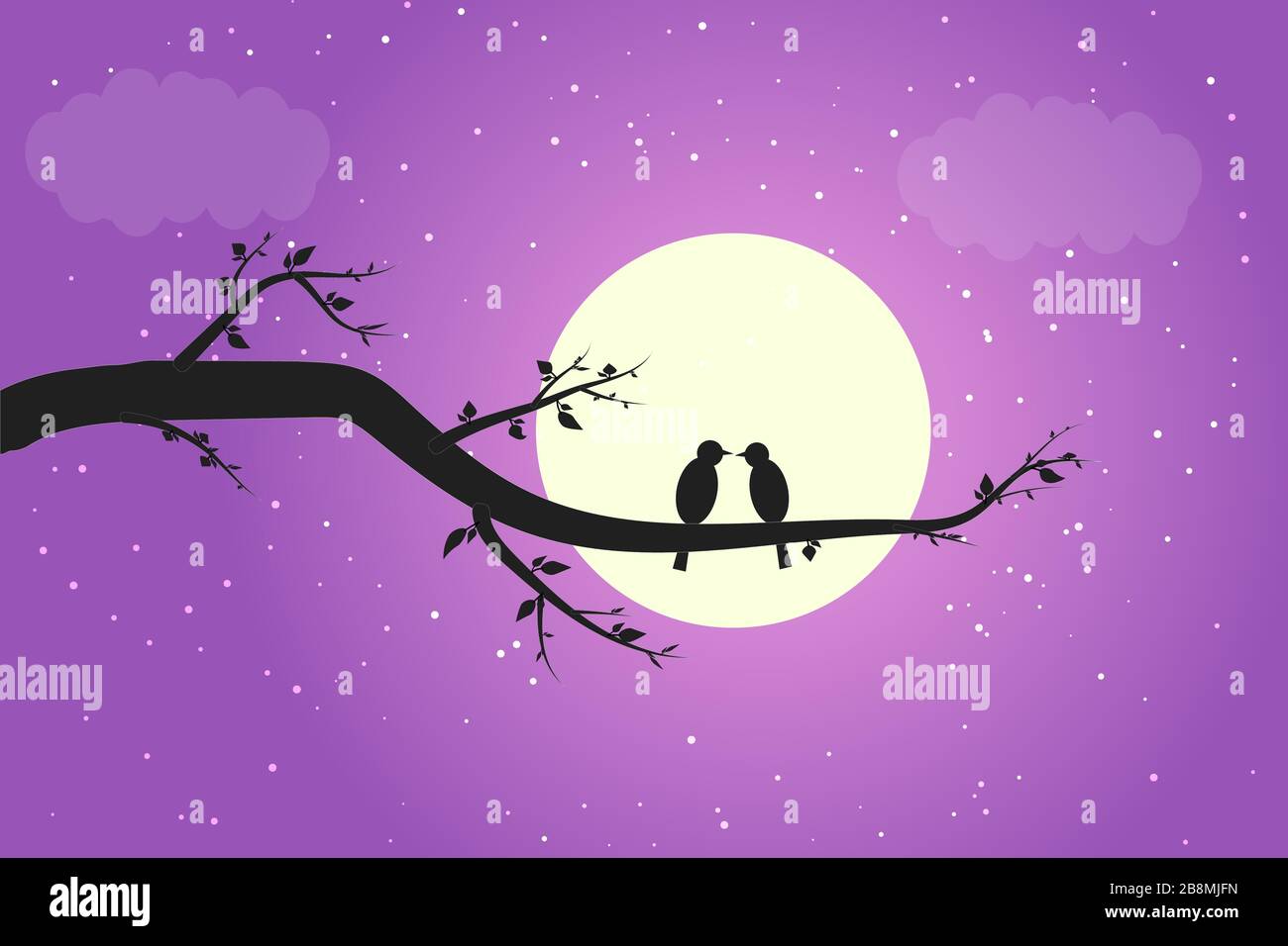 Two birds in love on a branch in the moonlight shadow. The birds are  kissing and in the background is a full moon and a purple sky Stock Vector  Image & Art -