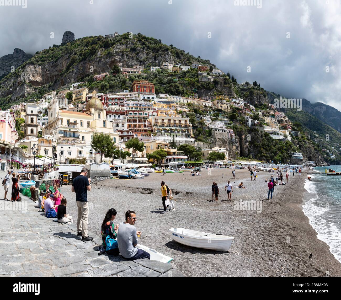 Positano on the Amalfi Coast looking over Spiaggia Grande beach, Campania, Italy. Stock Photo