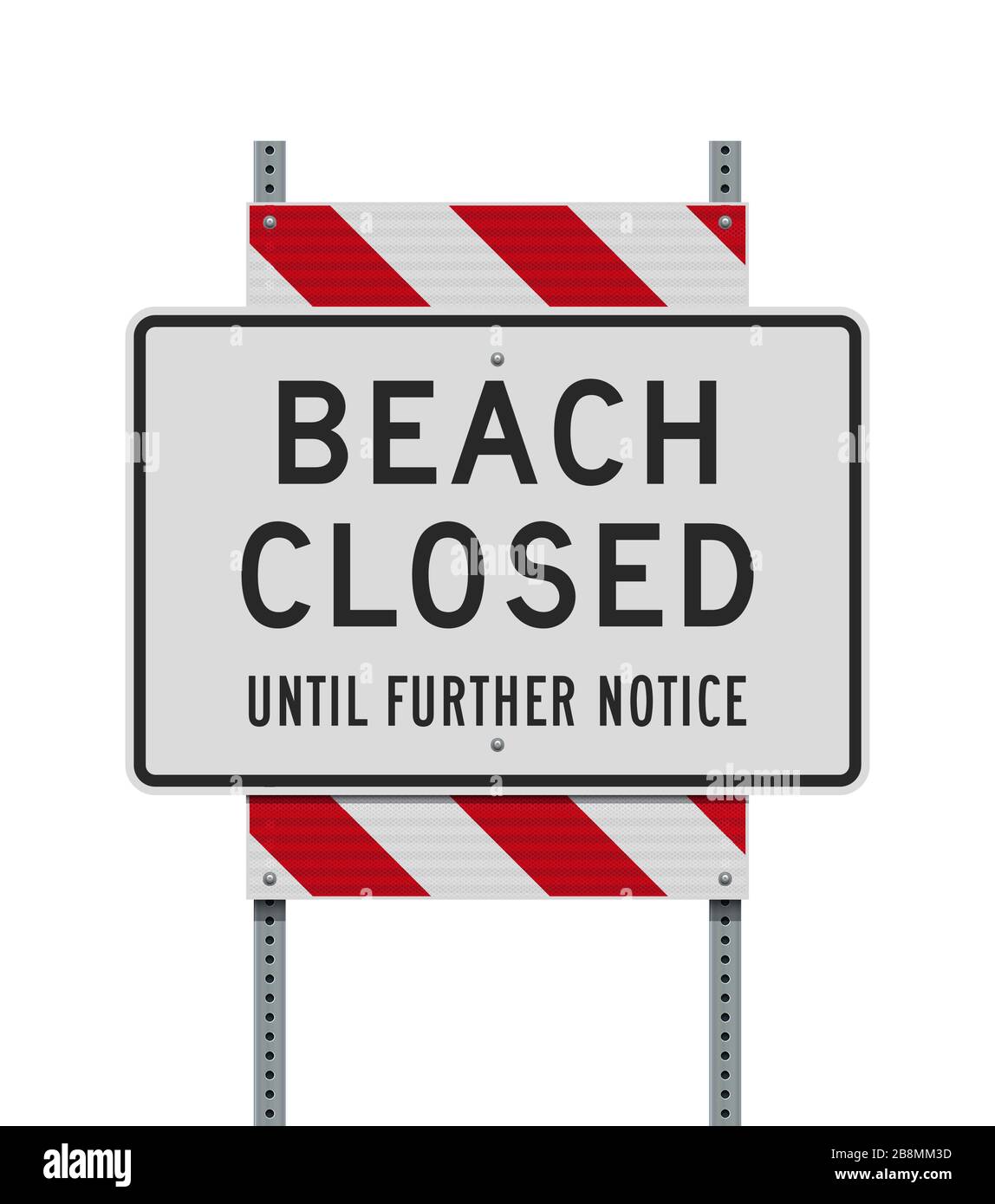 Vector illustration of the Beach Closed Until Further Notice sign on metallic posts Stock Vector